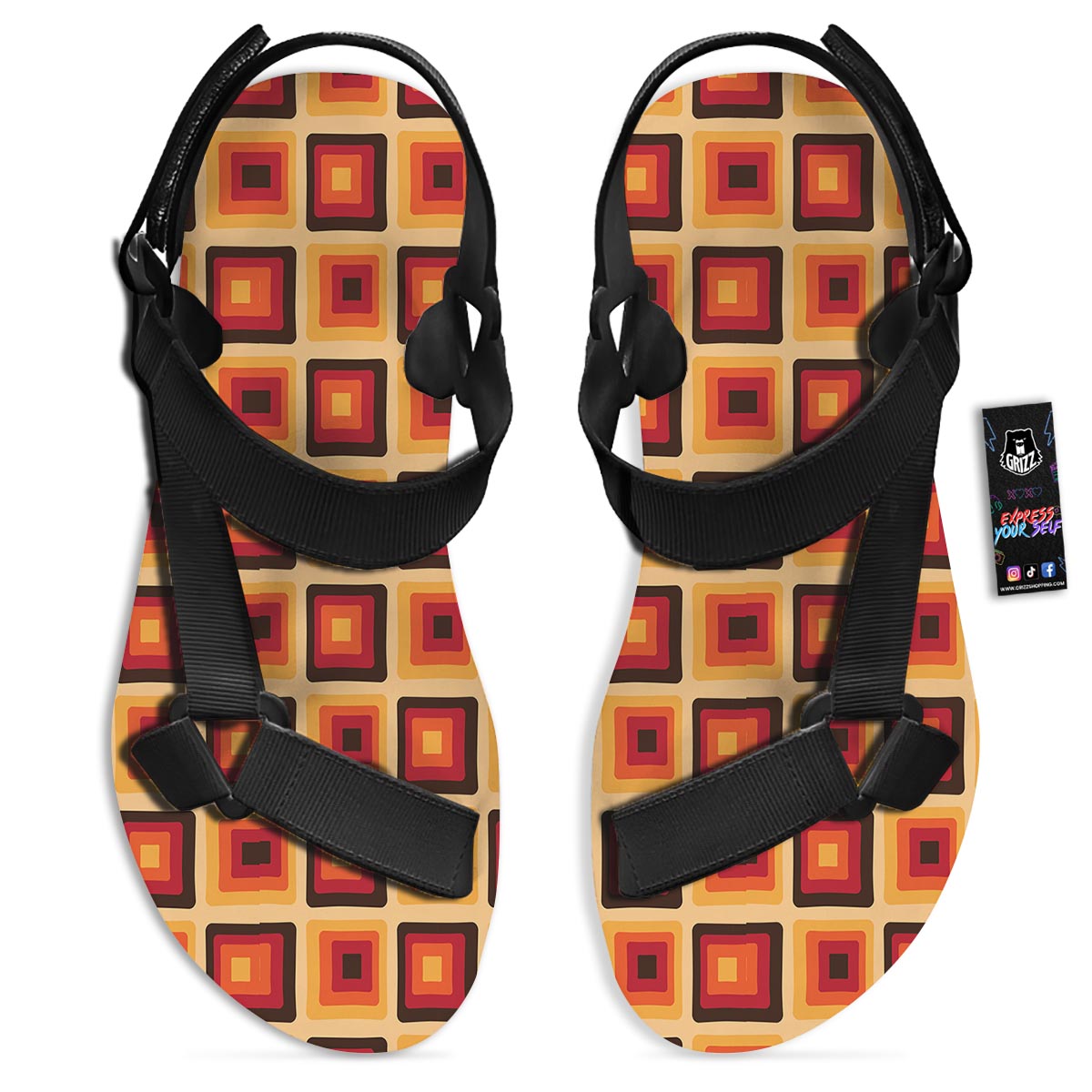 Rounded Square Retro Geometric Print Pattern Black Open Toe Sandals-grizzshop