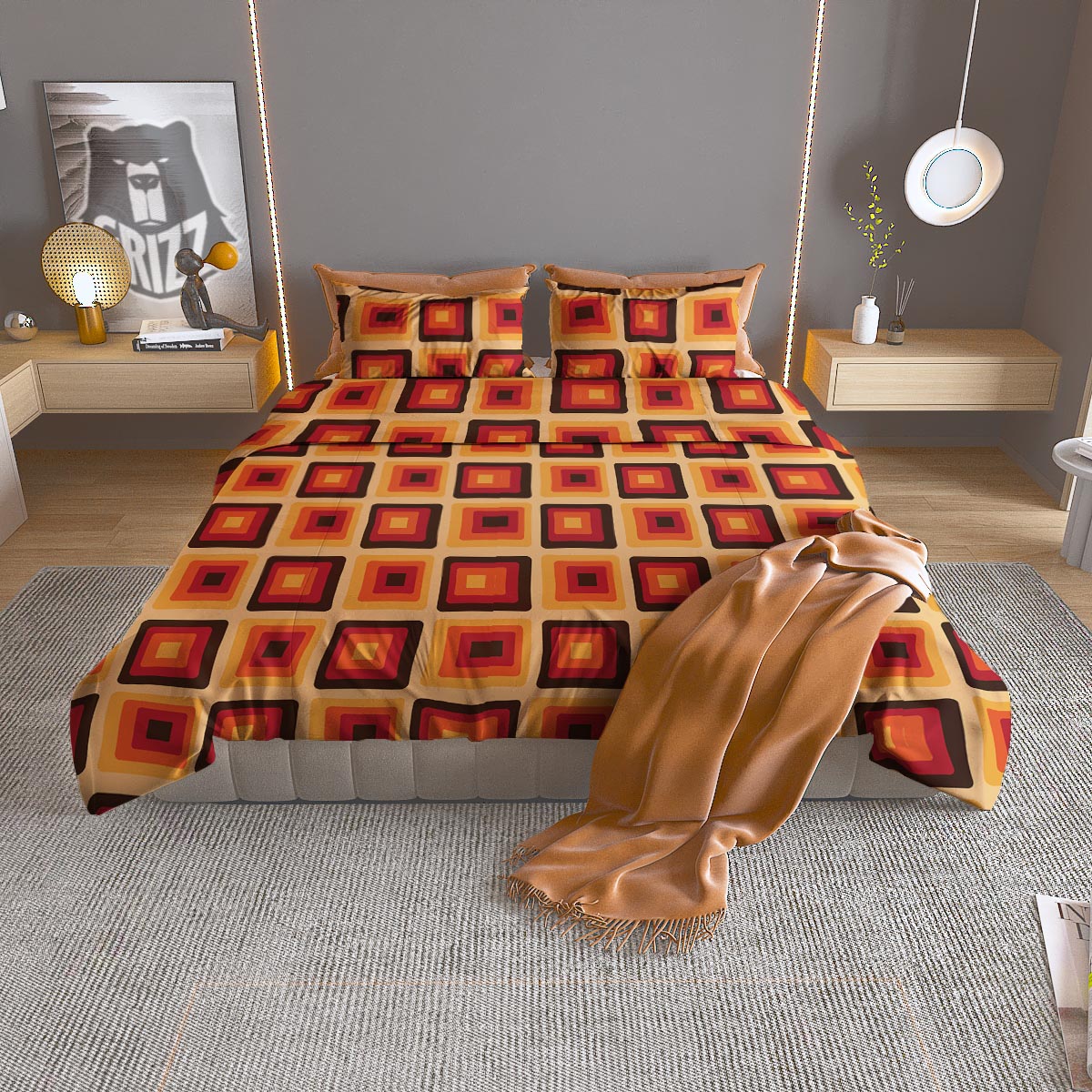 Rounded Square Retro Geometric Print Pattern Duvet Cover Bedding Set-grizzshop