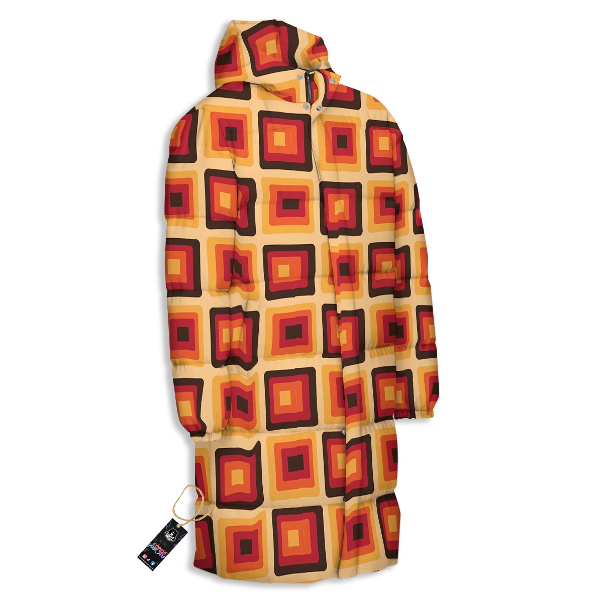 Rounded Square Retro Geometric Print Pattern Long Down Jacket-grizzshop