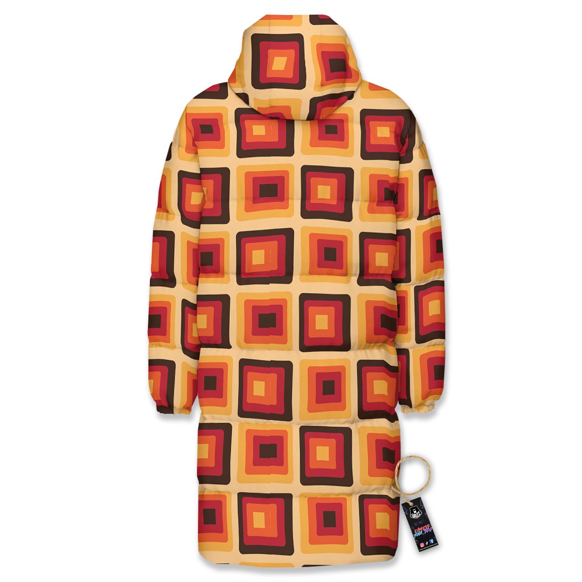 Rounded Square Retro Geometric Print Pattern Long Down Jacket-grizzshop