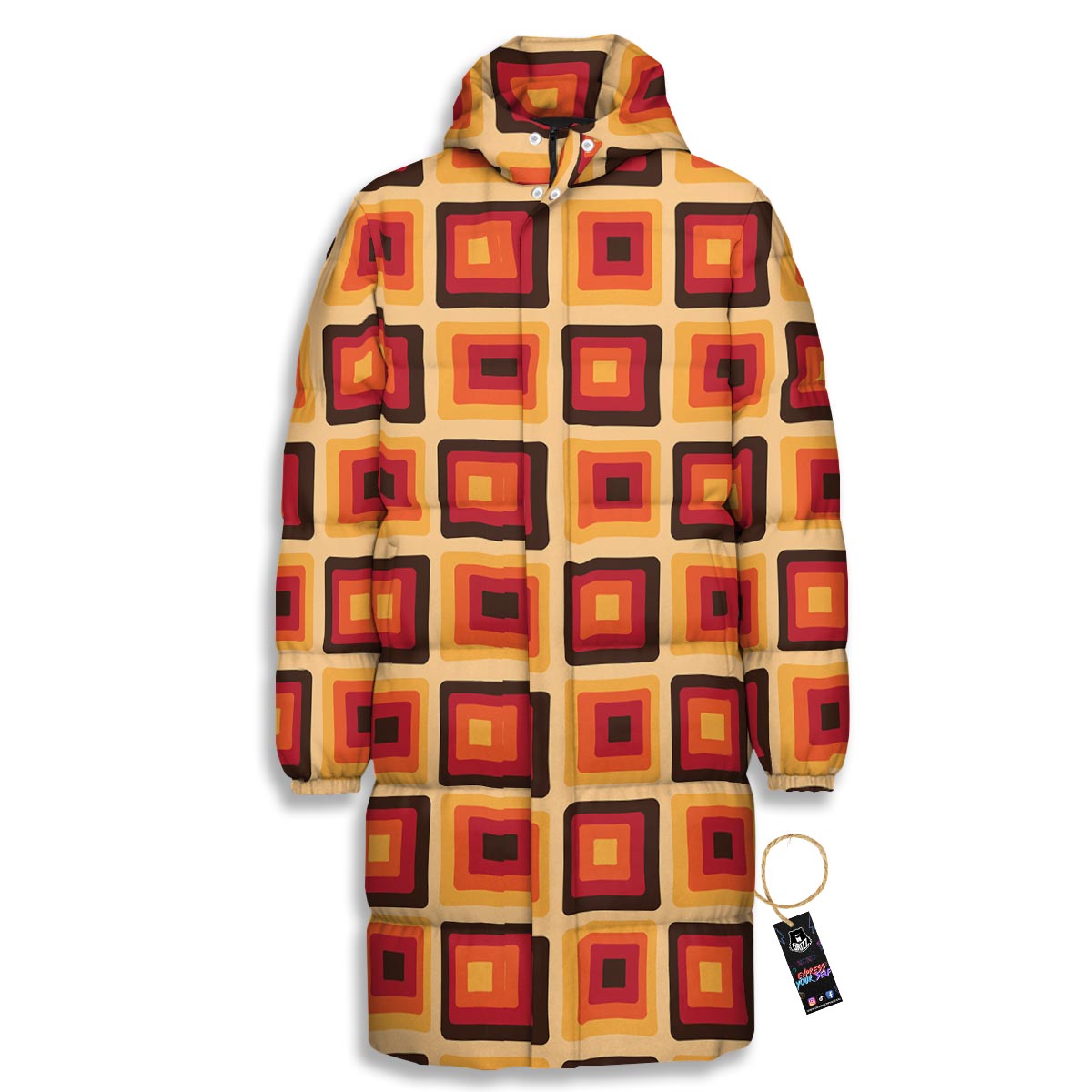 Rounded Square Retro Geometric Print Pattern Long Down Jacket-grizzshop