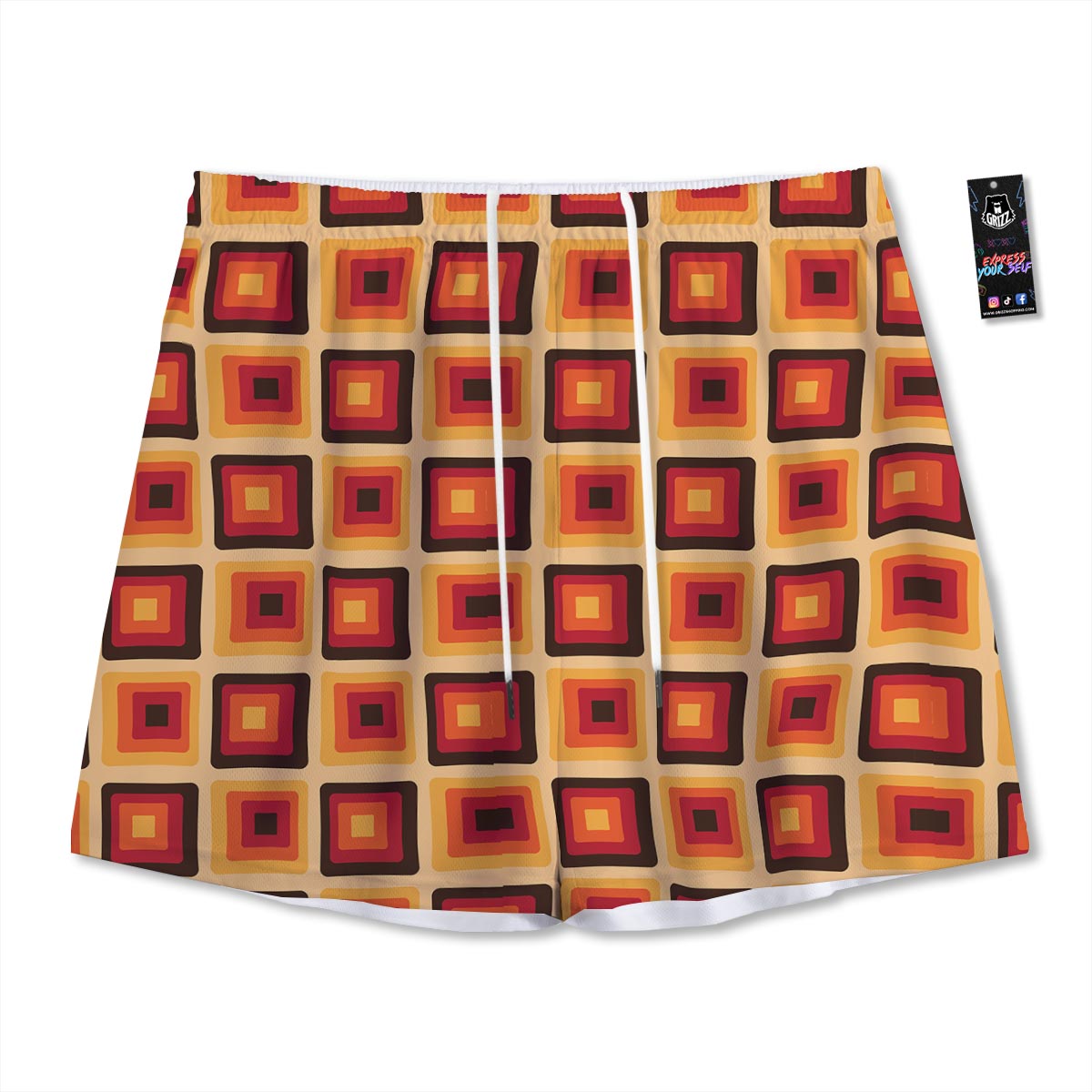 Rounded Square Retro Geometric Print Pattern Mesh Shorts-grizzshop