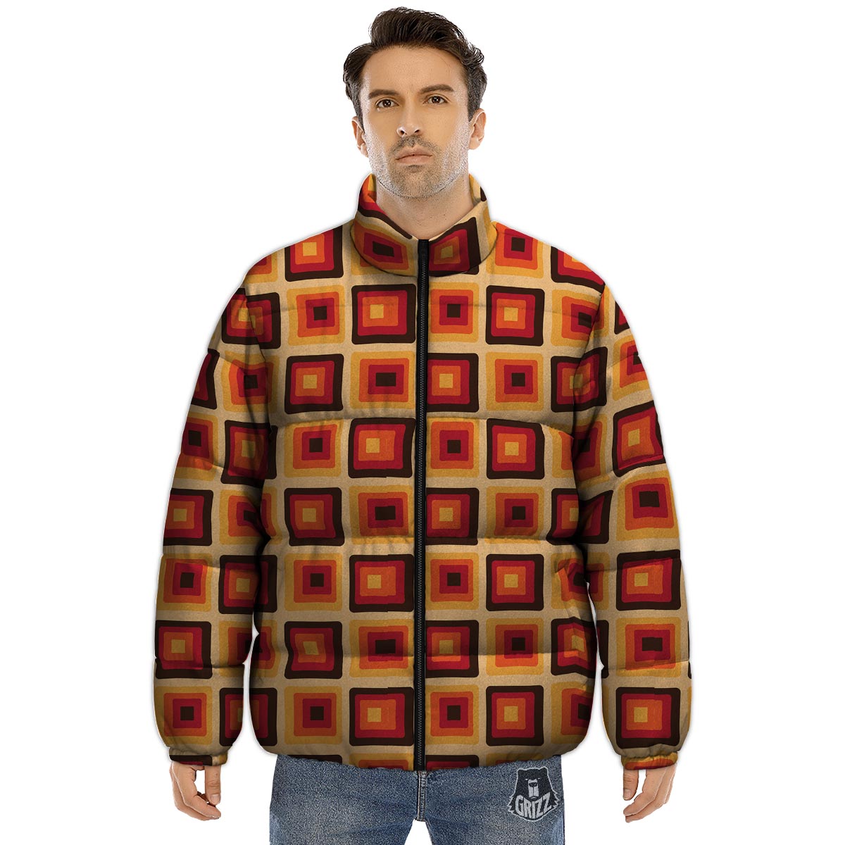 Rounded Square Retro Geometric Print Pattern Puffer Jacket-grizzshop