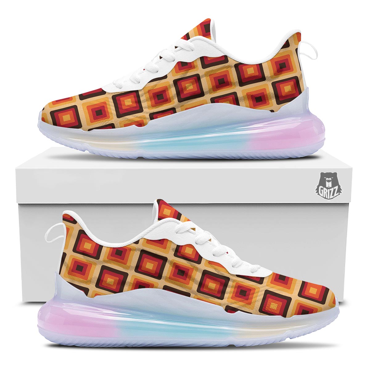Rounded Square Retro Geometric Print Pattern Running Sneakers-grizzshop