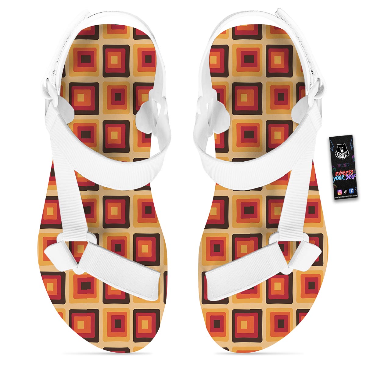 Rounded Square Retro Geometric Print Pattern White Open Toe Sandals-grizzshop