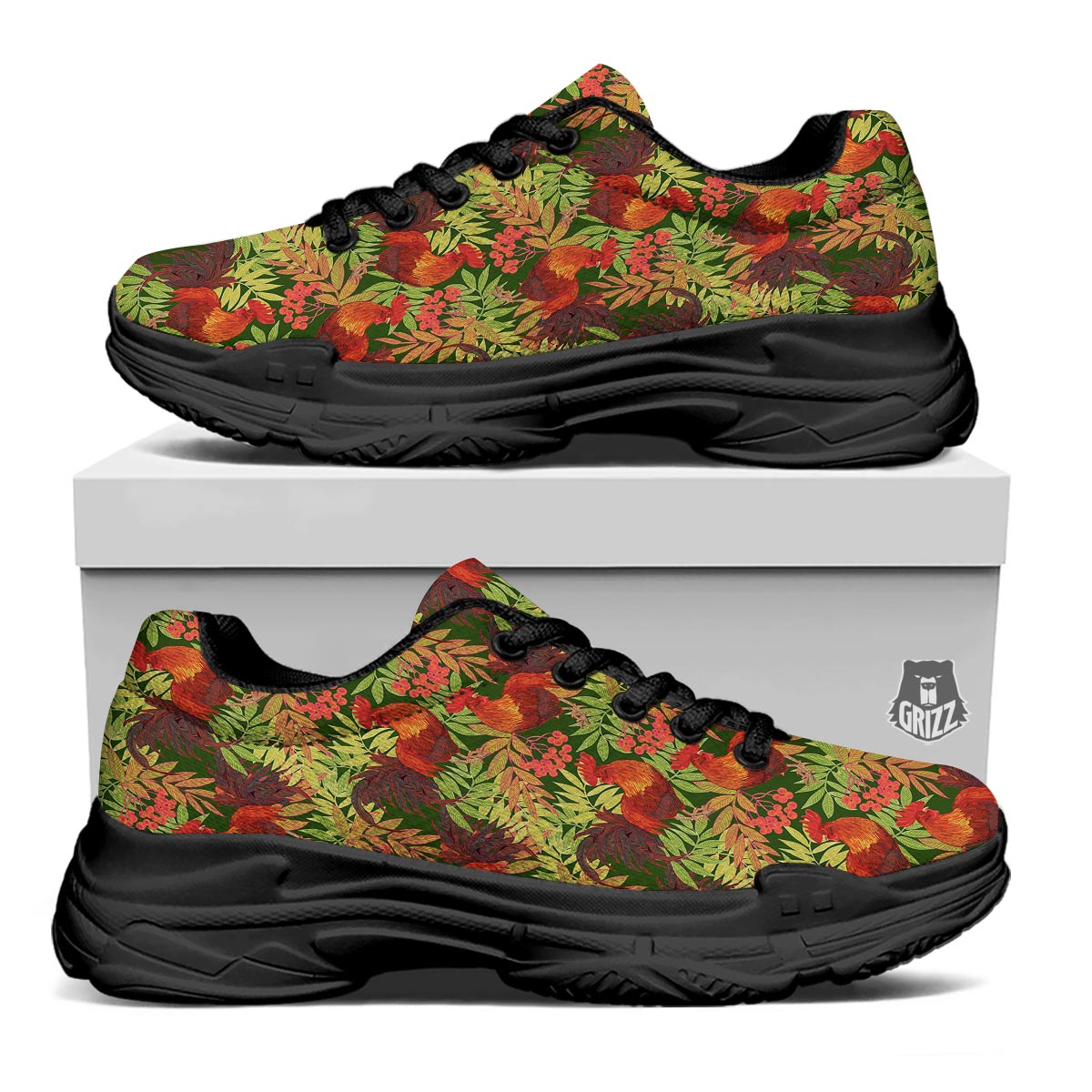 Rowan And Rooster Print Pattern Black Chunky Shoes-grizzshop