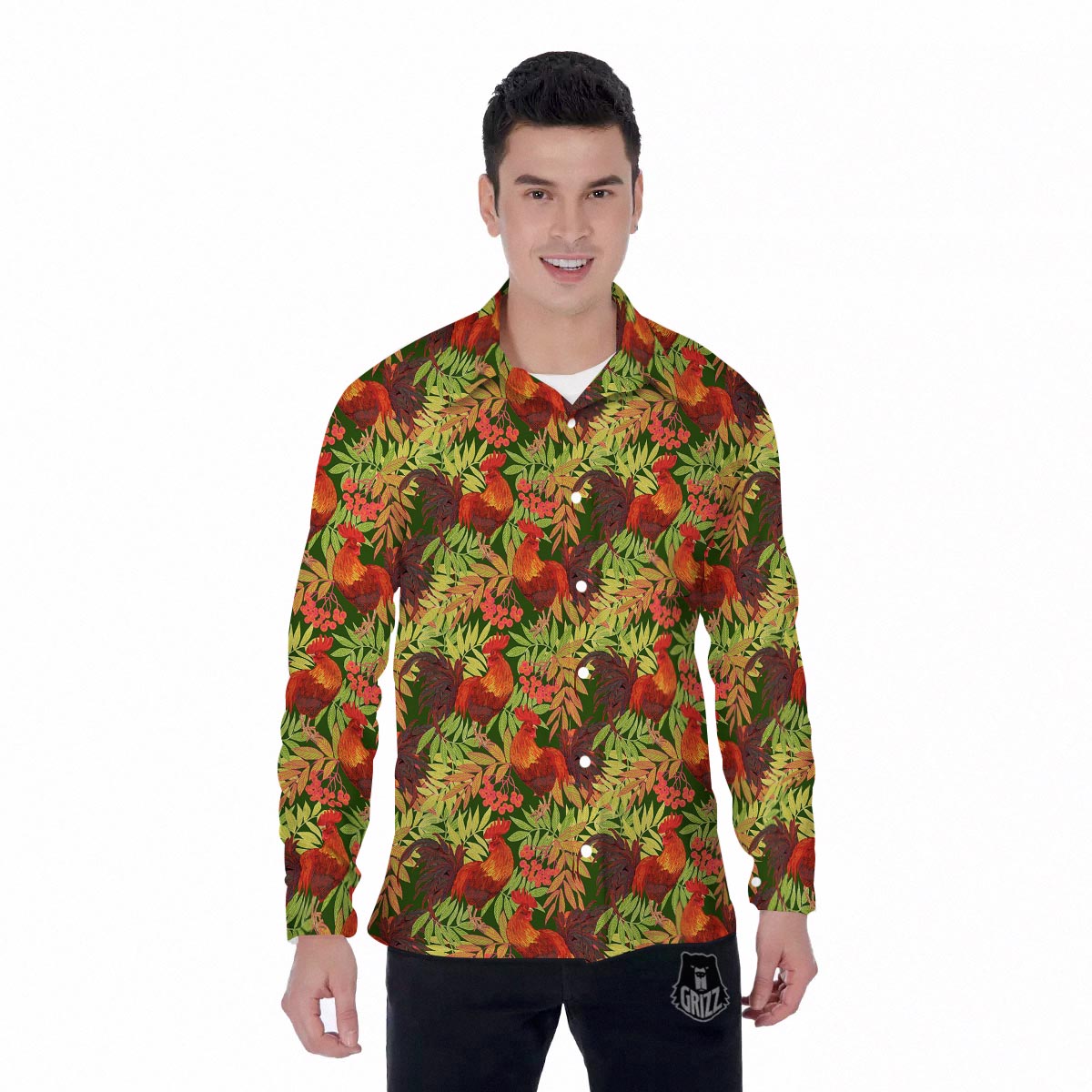 Rowan And Rooster Print Pattern Men's Long Sleeve Shirts-grizzshop