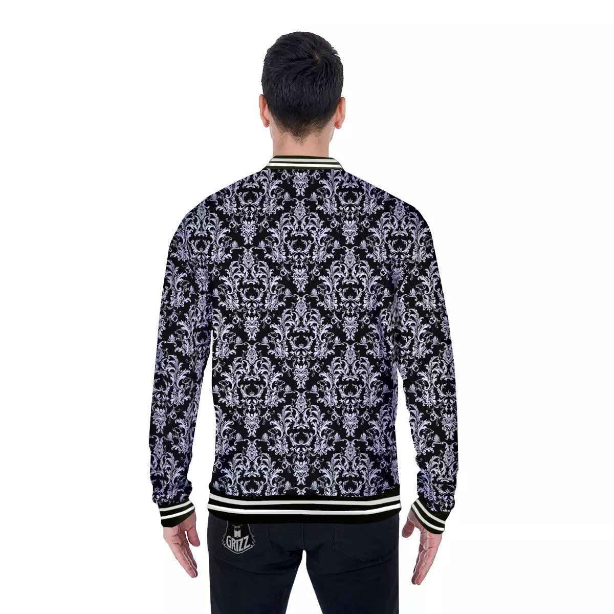 Royal Damask White And Black Print Pattern Baseball Jacket-grizzshop