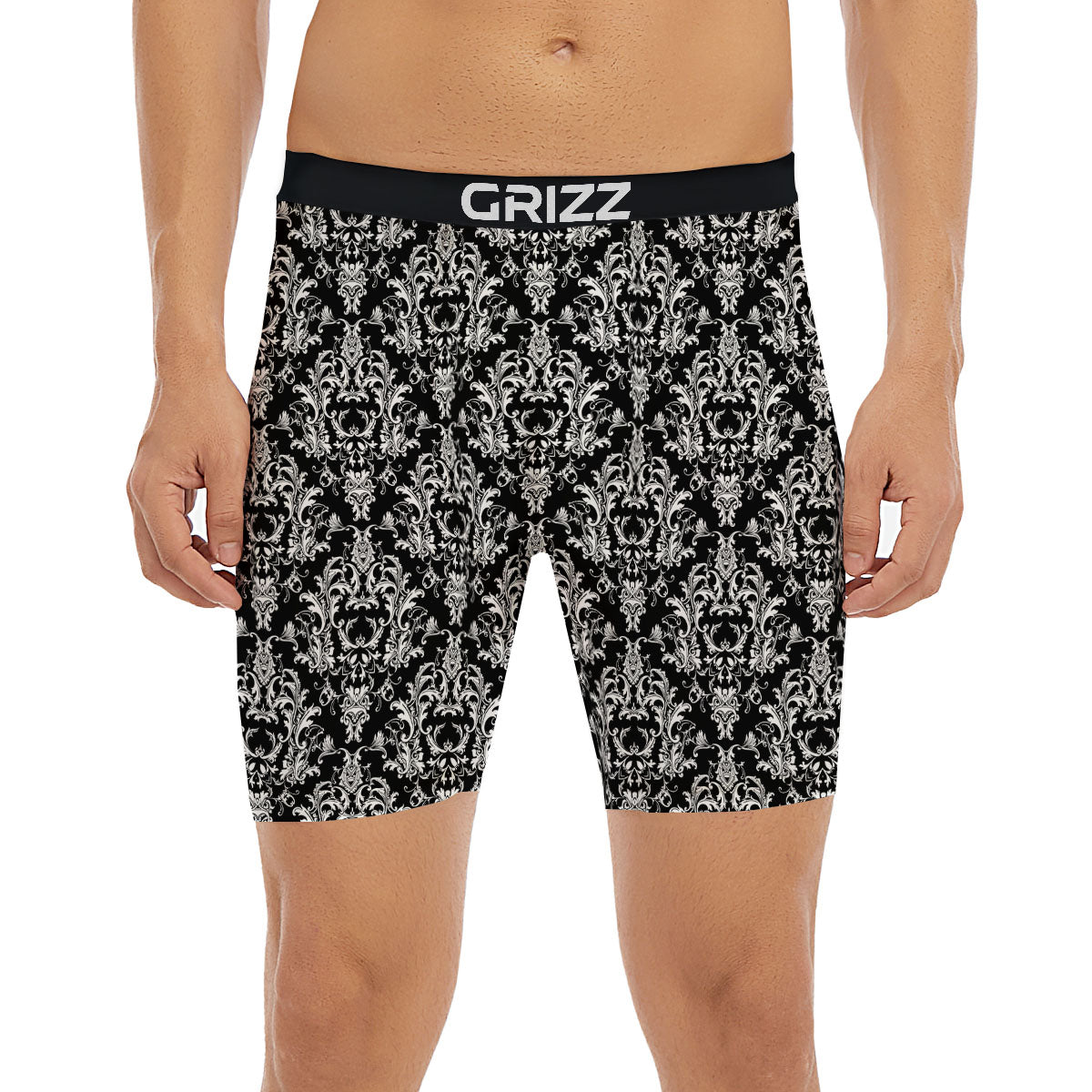 Royal Damask White And Black Print Pattern Boxer Briefs-grizzshop