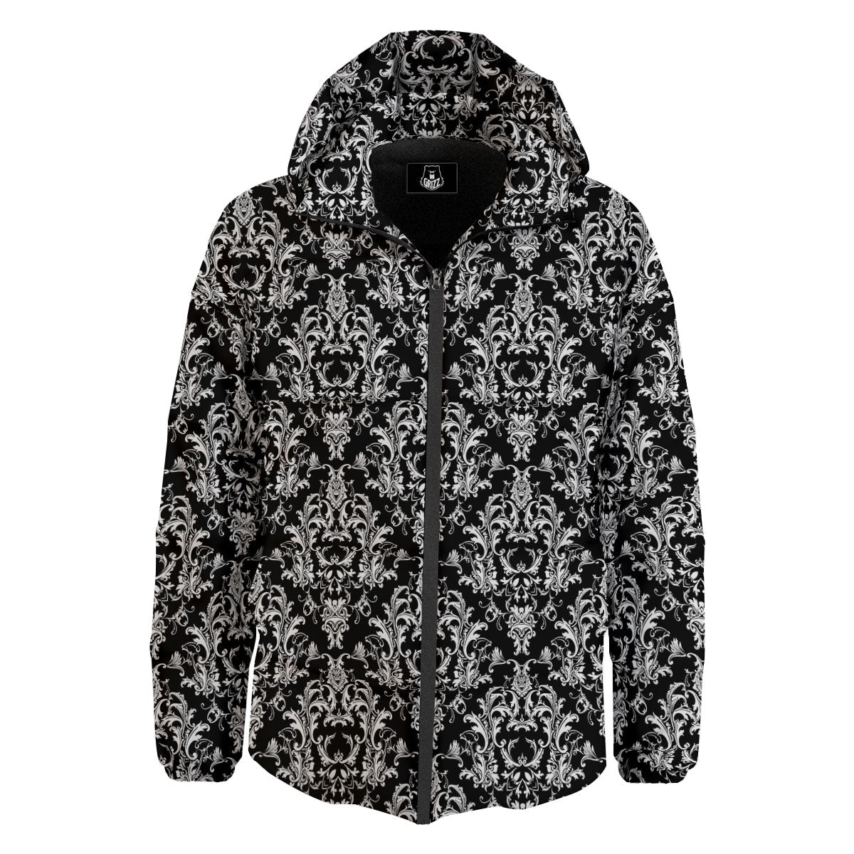 Royal Damask White And Black Print Pattern Down Jacket-grizzshop