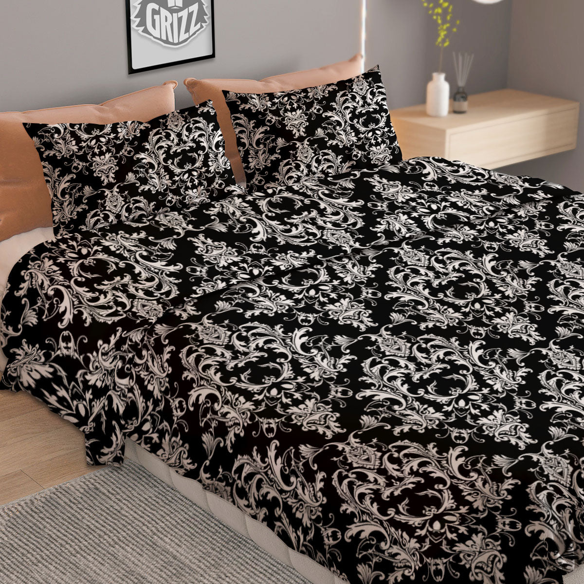 Royal Damask White And Black Print Pattern Duvet Cover Bedding Set