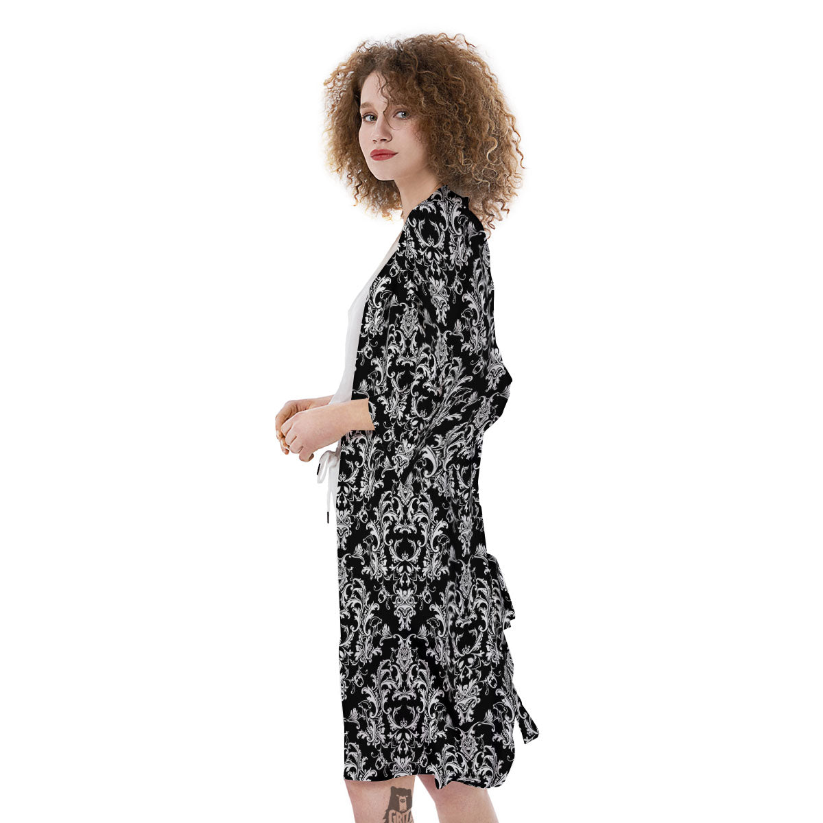 Royal Damask White And Black Print Pattern Kimono-grizzshop