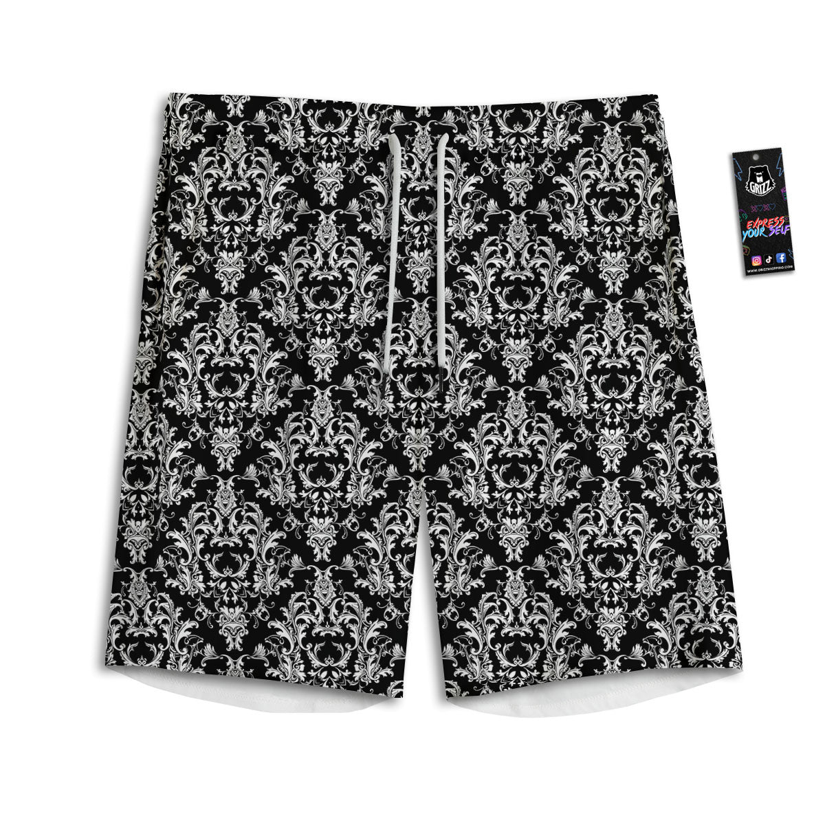 Royal Damask White And Black Print Pattern Men's Athletic Shorts