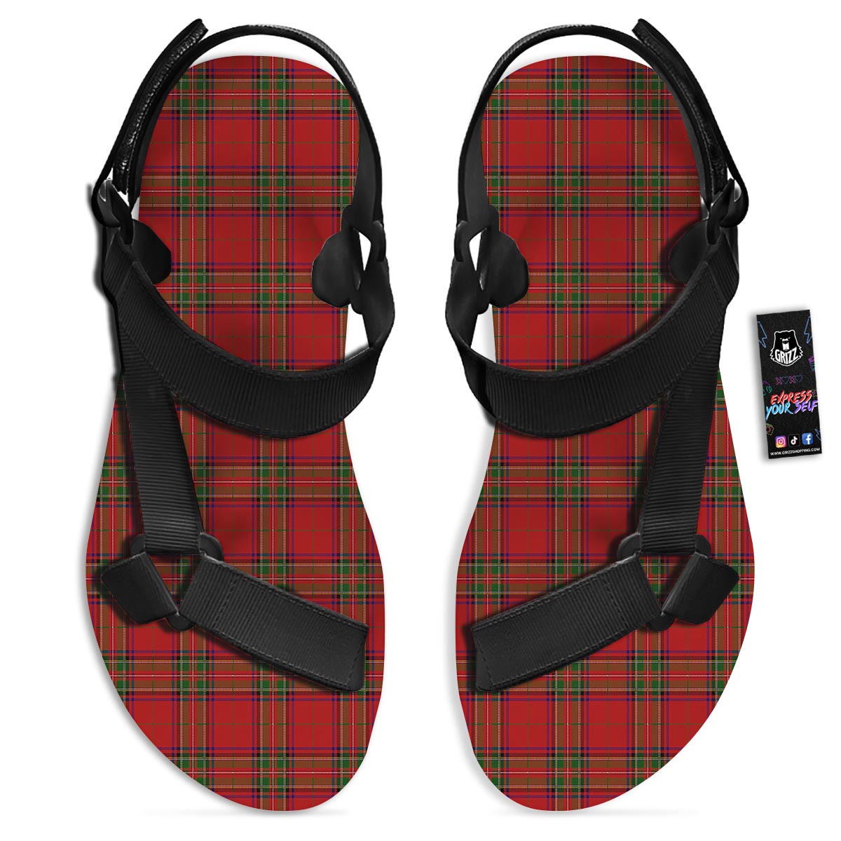 Royal Stewart Tartan Print Pattern Black Open Toe Sandals-grizzshop