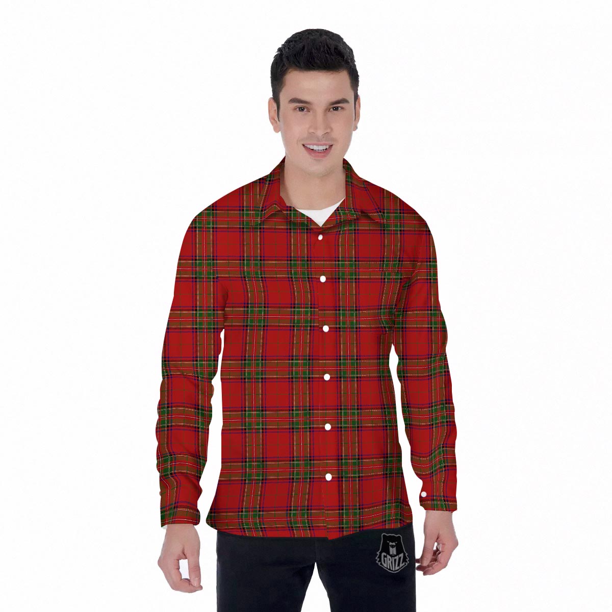 Royal Stewart Tartan Print Pattern Men's Long Sleeve Shirts-grizzshop