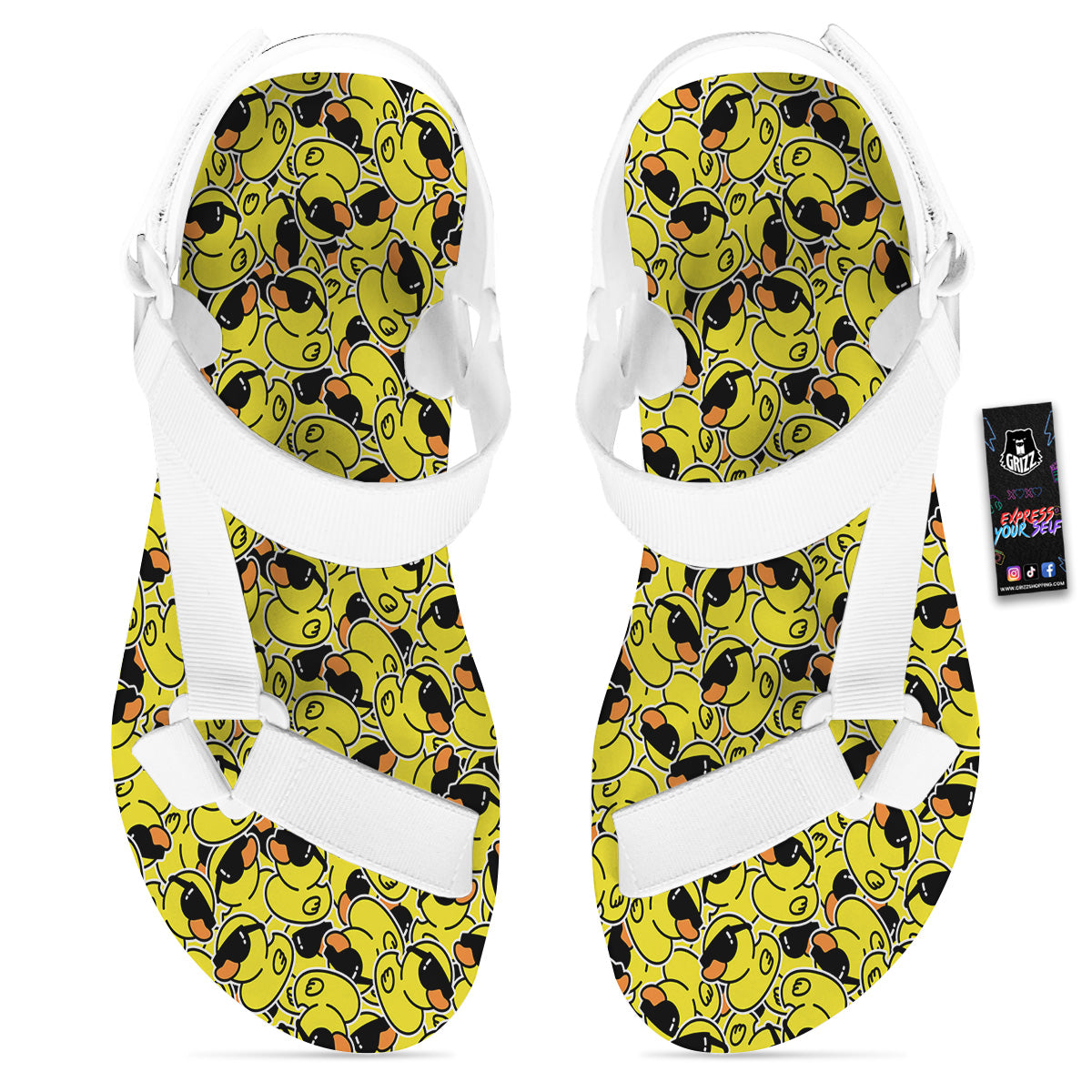 Rubber Duck Mafia Print Pattern White Open Toe Sandals-grizzshop