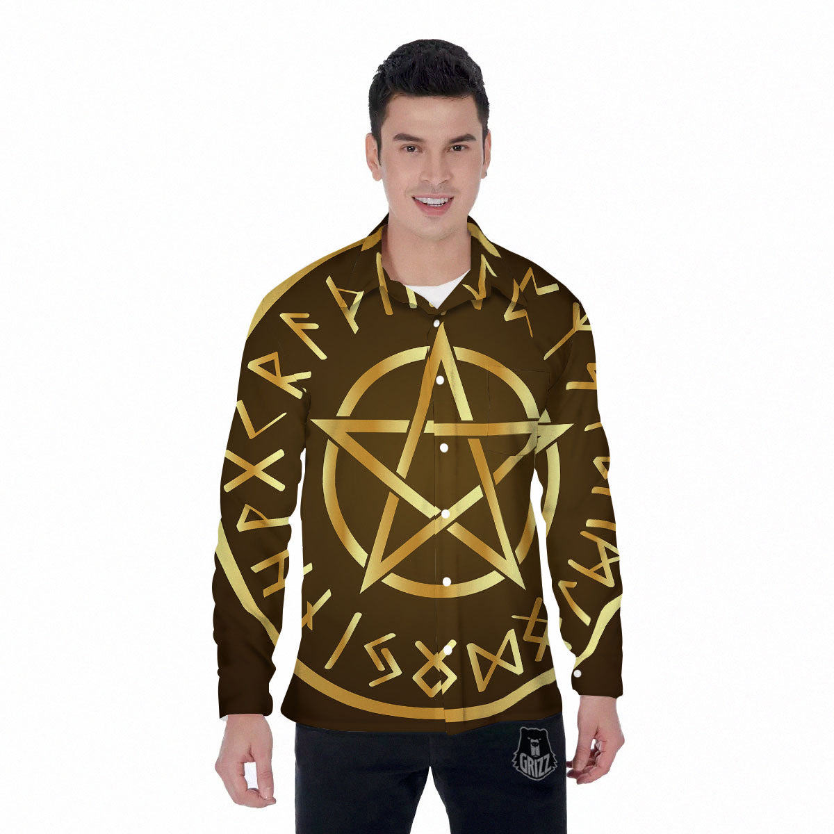Runes Pentagram Viking Nordic Print Men's Long Sleeve Shirts-grizzshop