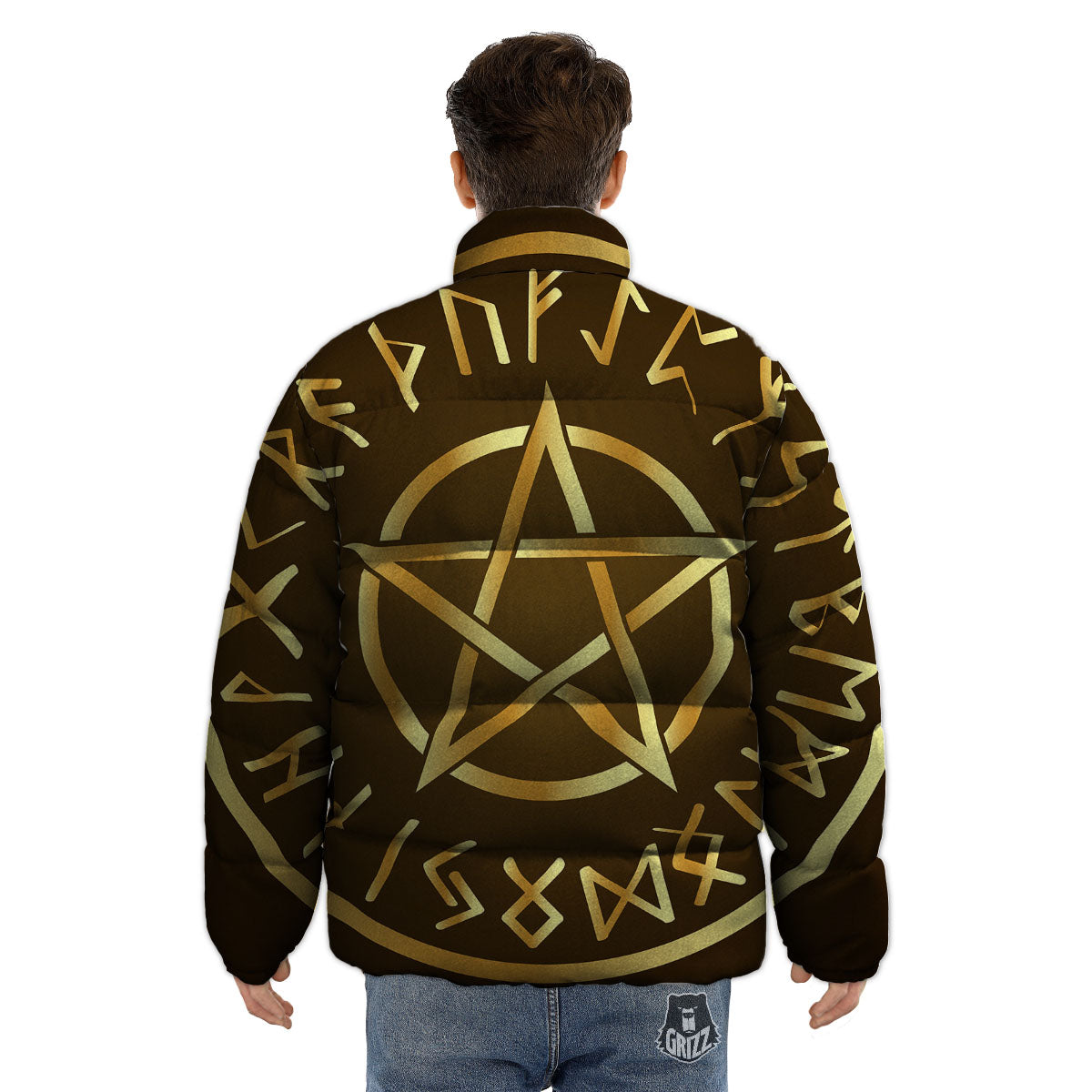 Runes Pentagram Viking Nordic Print Puffer Jacket-grizzshop