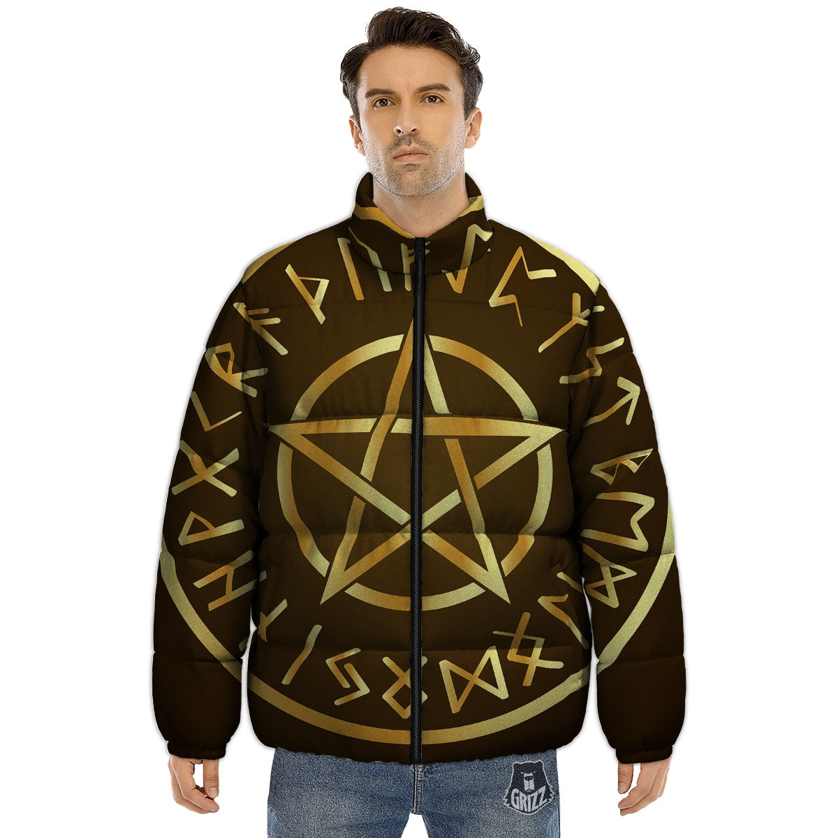 Runes Pentagram Viking Nordic Print Puffer Jacket-grizzshop