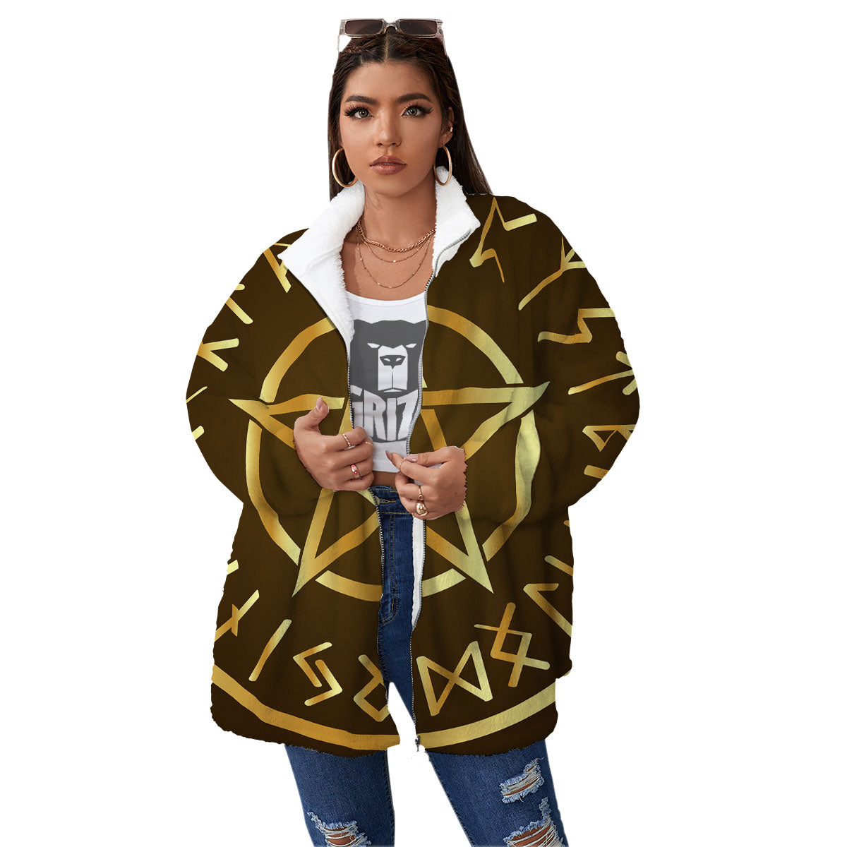 Runes Pentagram Viking Nordic Print Women's Sherpa Jacket-grizzshop