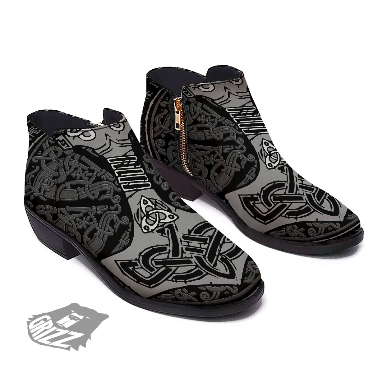 Runes Scandinavian And Mjolnir Print Ankle Boots-grizzshop