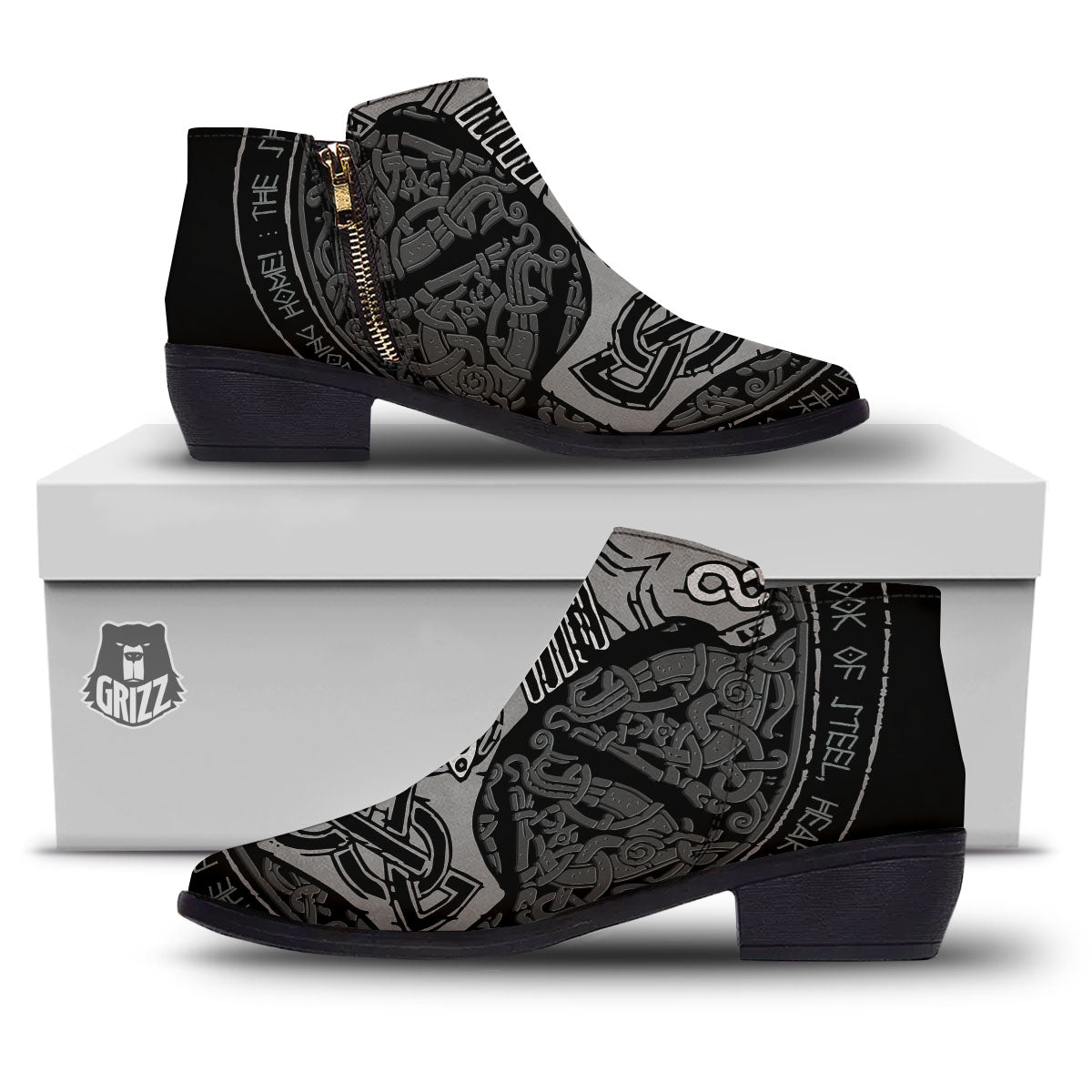Runes Scandinavian And Mjolnir Print Ankle Boots-grizzshop