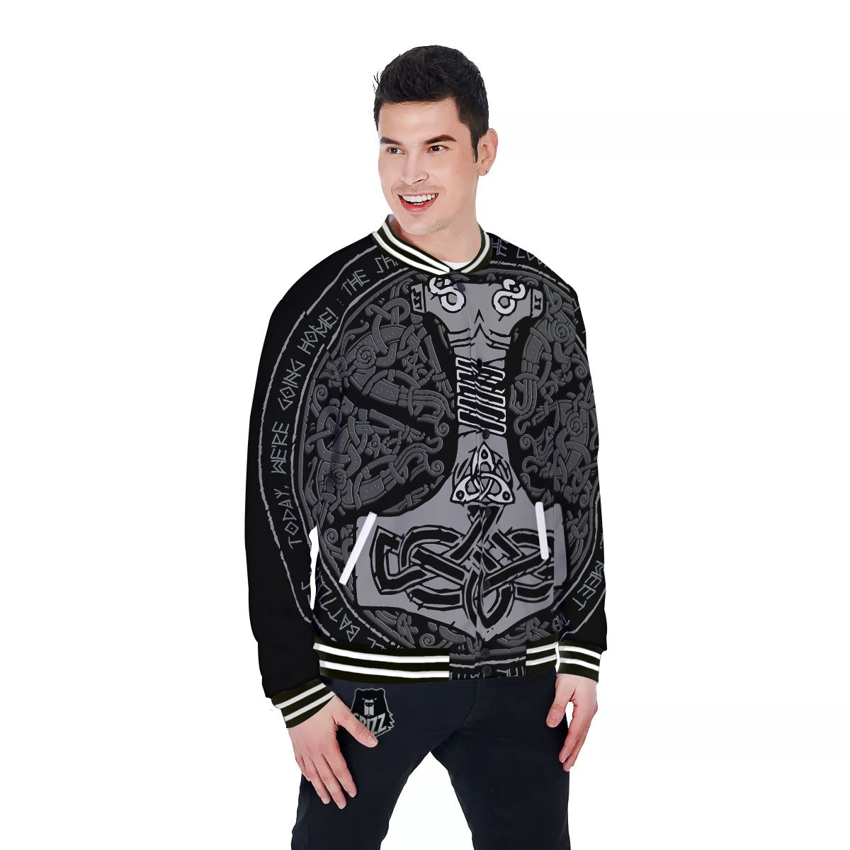 Runes Scandinavian And Mjolnir Print Baseball Jacket-grizzshop