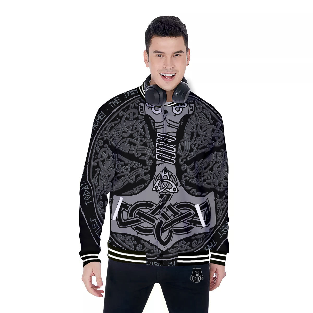 Runes Scandinavian And Mjolnir Print Baseball Jacket-grizzshop