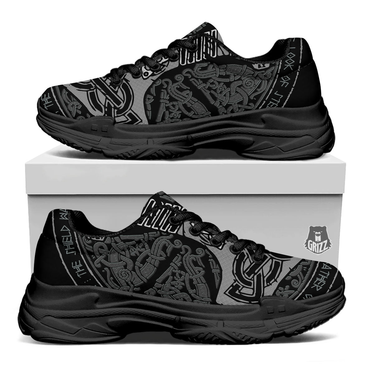 Runes Scandinavian And Mjolnir Print Black Chunky Shoes-grizzshop