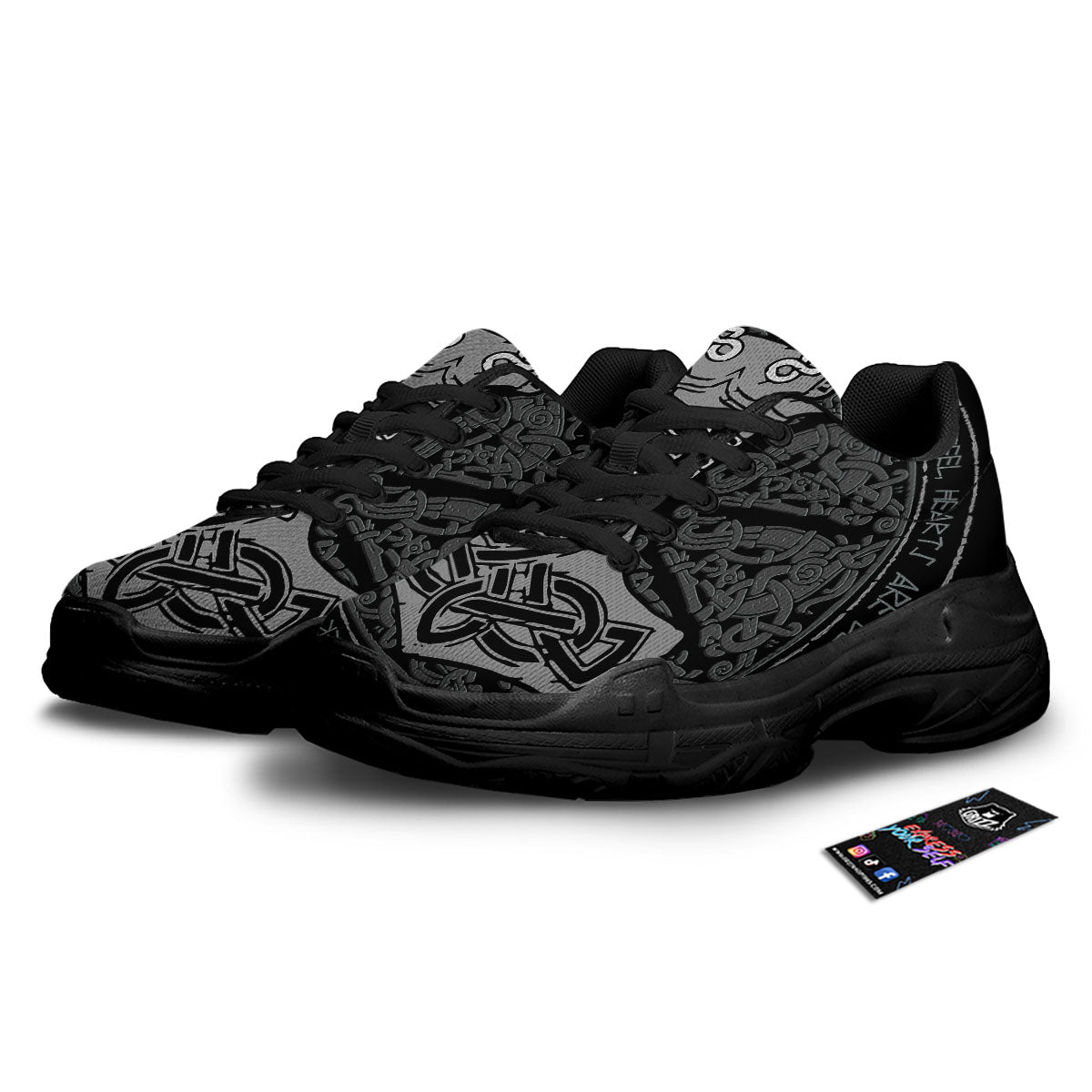 Runes Scandinavian And Mjolnir Print Black Chunky Shoes-grizzshop