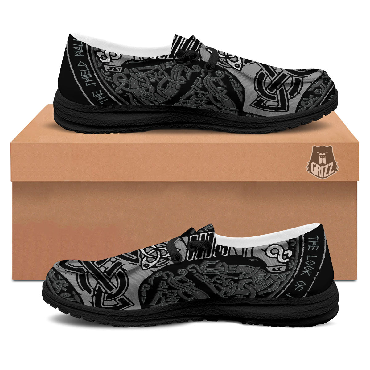 Runes Scandinavian And Mjolnir Print Black Loafers-grizzshop