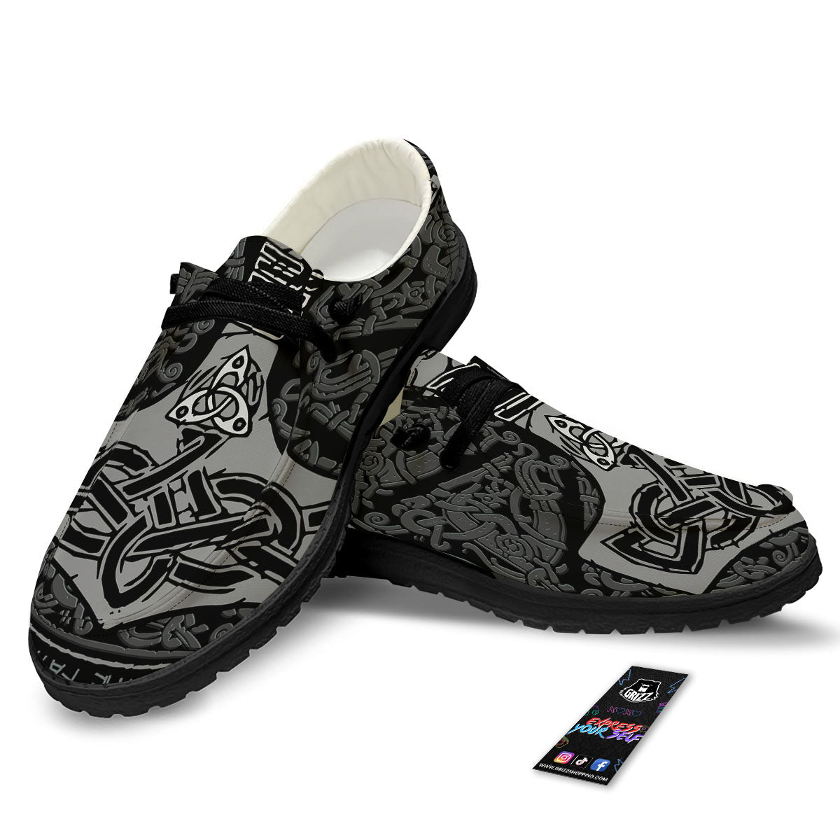 Runes Scandinavian And Mjolnir Print Black Loafers-grizzshop