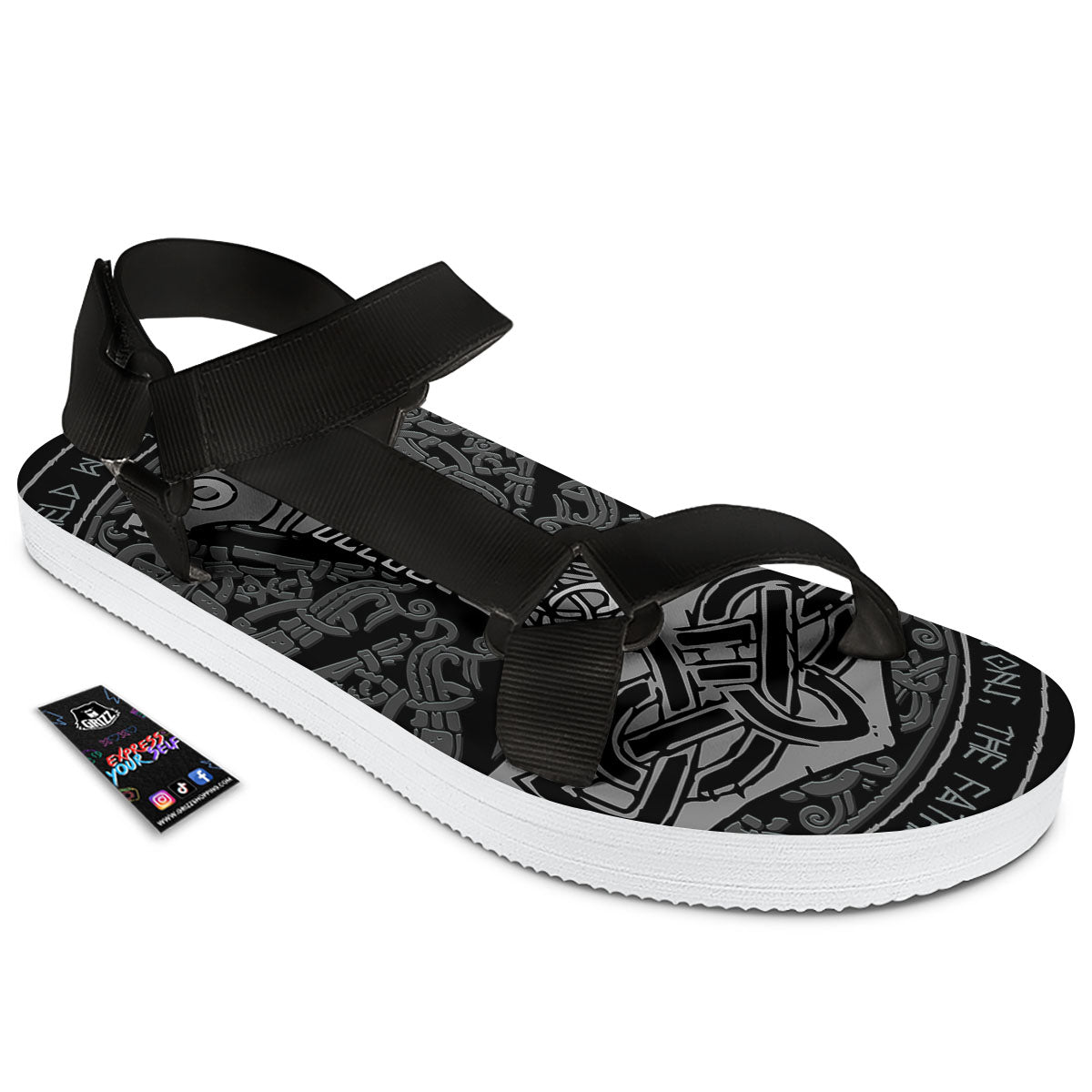 Runes Scandinavian And Mjolnir Print Black Open Toe Sandals-grizzshop