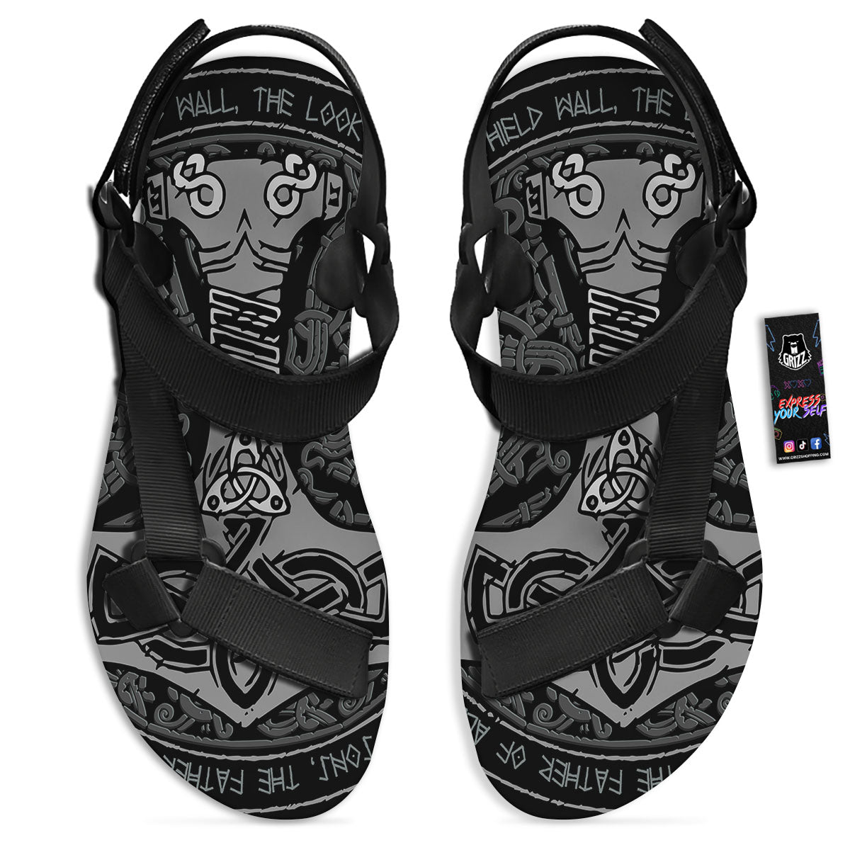 Runes Scandinavian And Mjolnir Print Black Open Toe Sandals-grizzshop