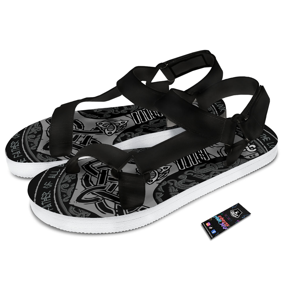 Runes Scandinavian And Mjolnir Print Black Open Toe Sandals-grizzshop