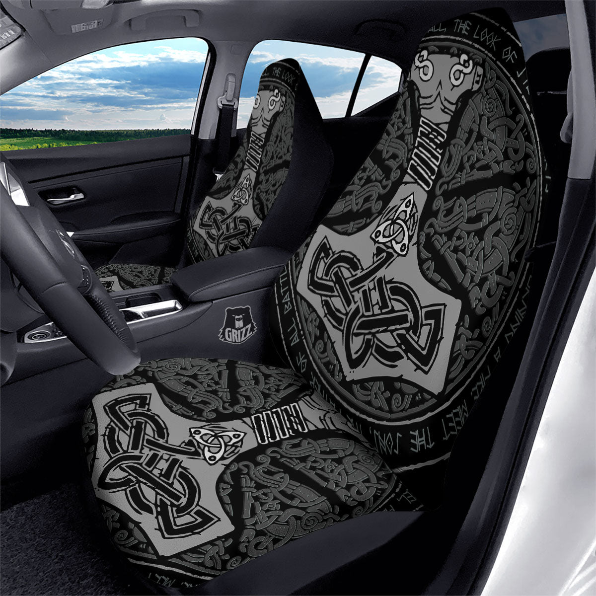 Runes Scandinavian And Mjolnir Print Car Seat Covers-grizzshop