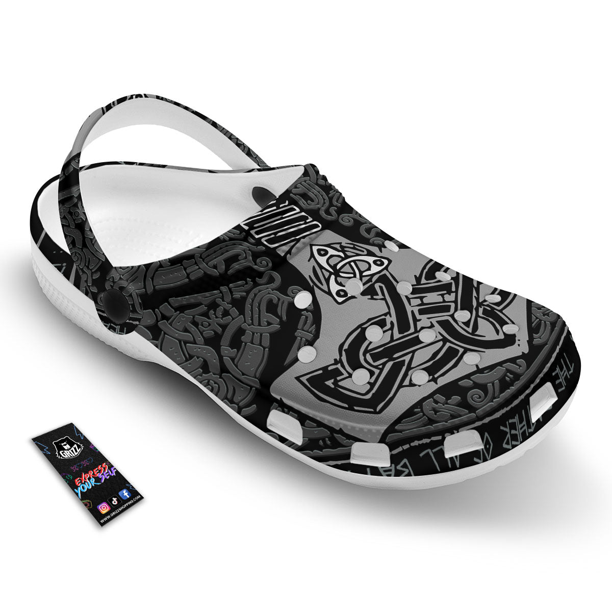 Runes Scandinavian And Mjolnir Print Clog-grizzshop