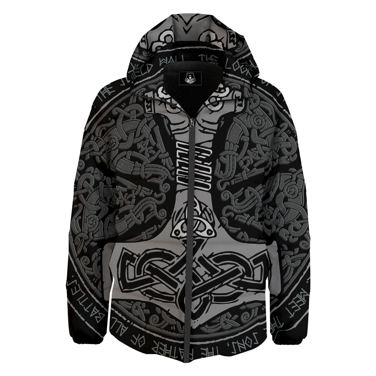 Runes Scandinavian And Mjolnir Print Down Jacket-grizzshop