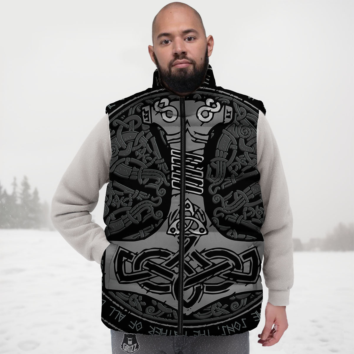 Runes Scandinavian And Mjolnir Print Down Vest