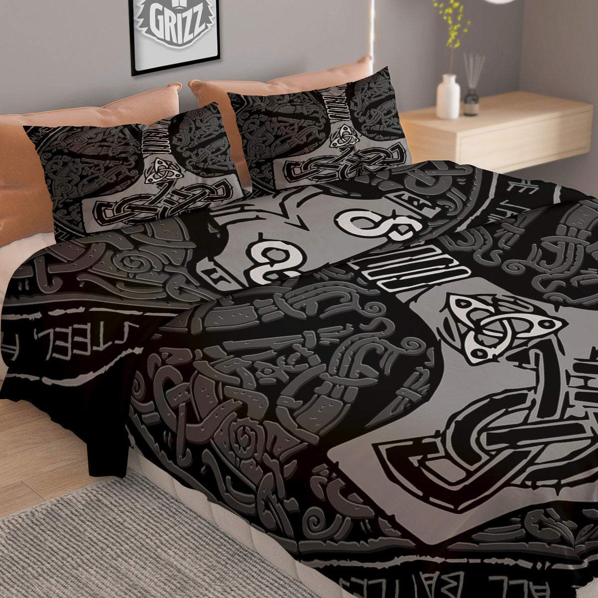 Runes Scandinavian And Mjolnir Print Duvet Cover Bedding Set