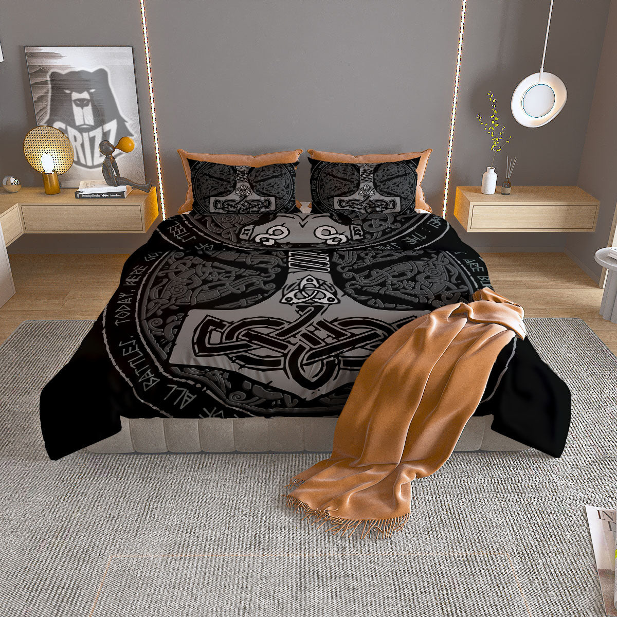 Runes Scandinavian And Mjolnir Print Duvet Cover Bedding Set