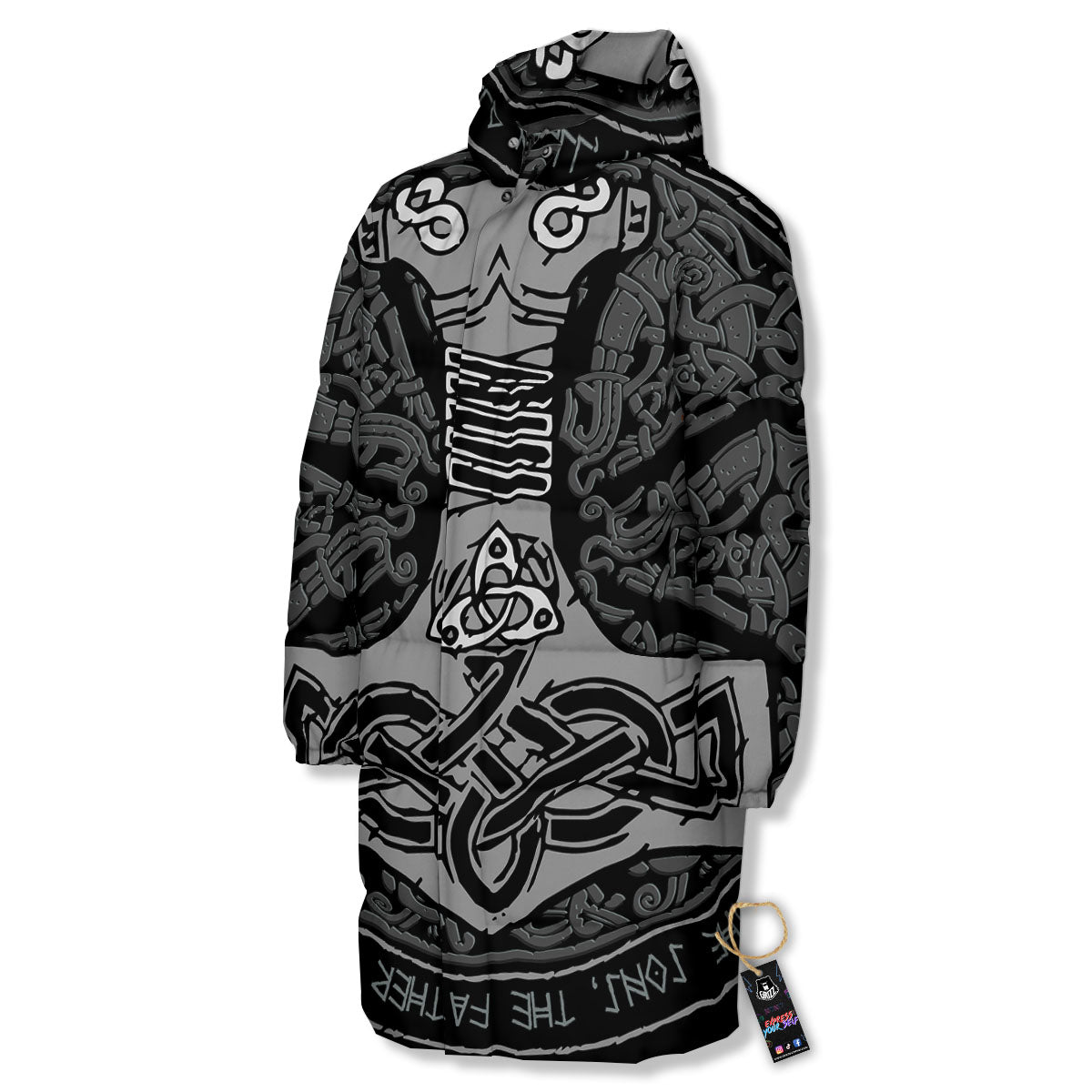 Runes Scandinavian And Mjolnir Print Long Down Jacket-grizzshop