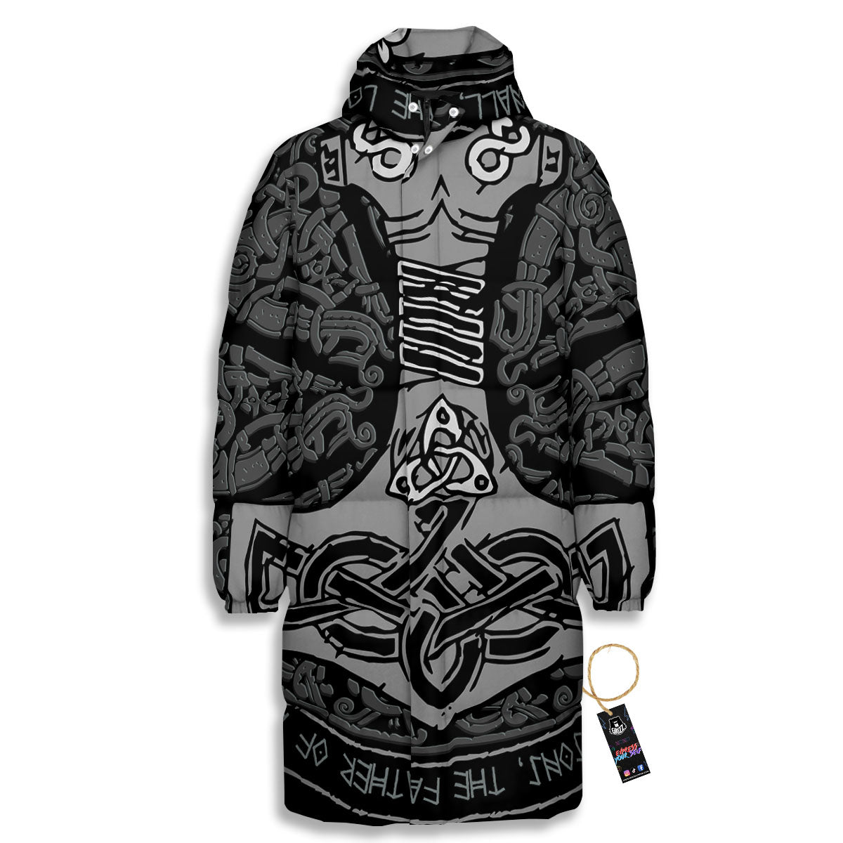 Runes Scandinavian And Mjolnir Print Long Down Jacket-grizzshop