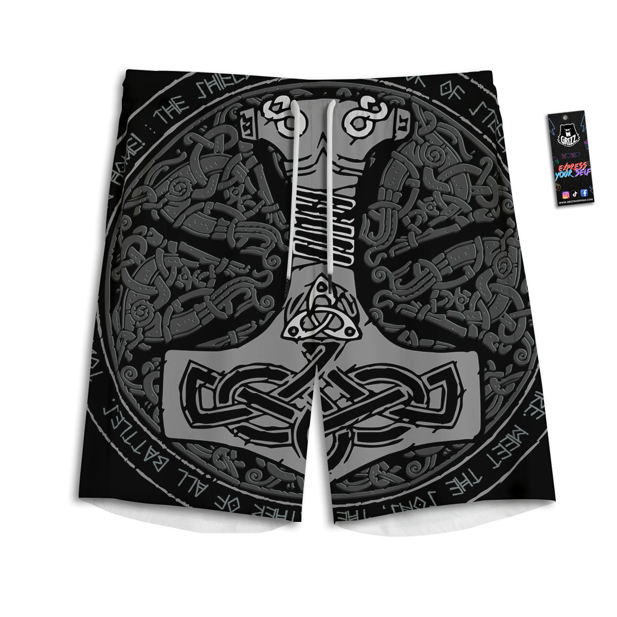 Runes Scandinavian And Mjolnir Print Men's Athletic Shorts