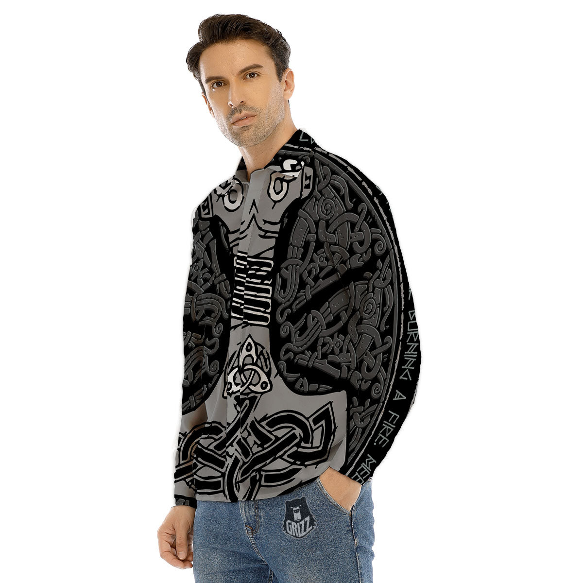 Runes Scandinavian And Mjolnir Print Men's Dress Shirts-grizzshop