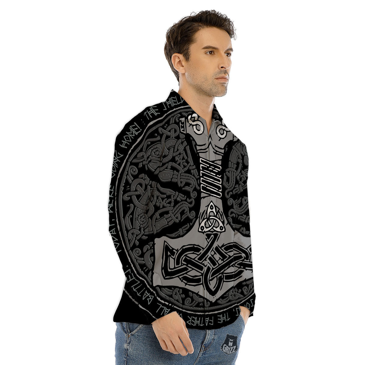 Runes Scandinavian And Mjolnir Print Men's Dress Shirts-grizzshop