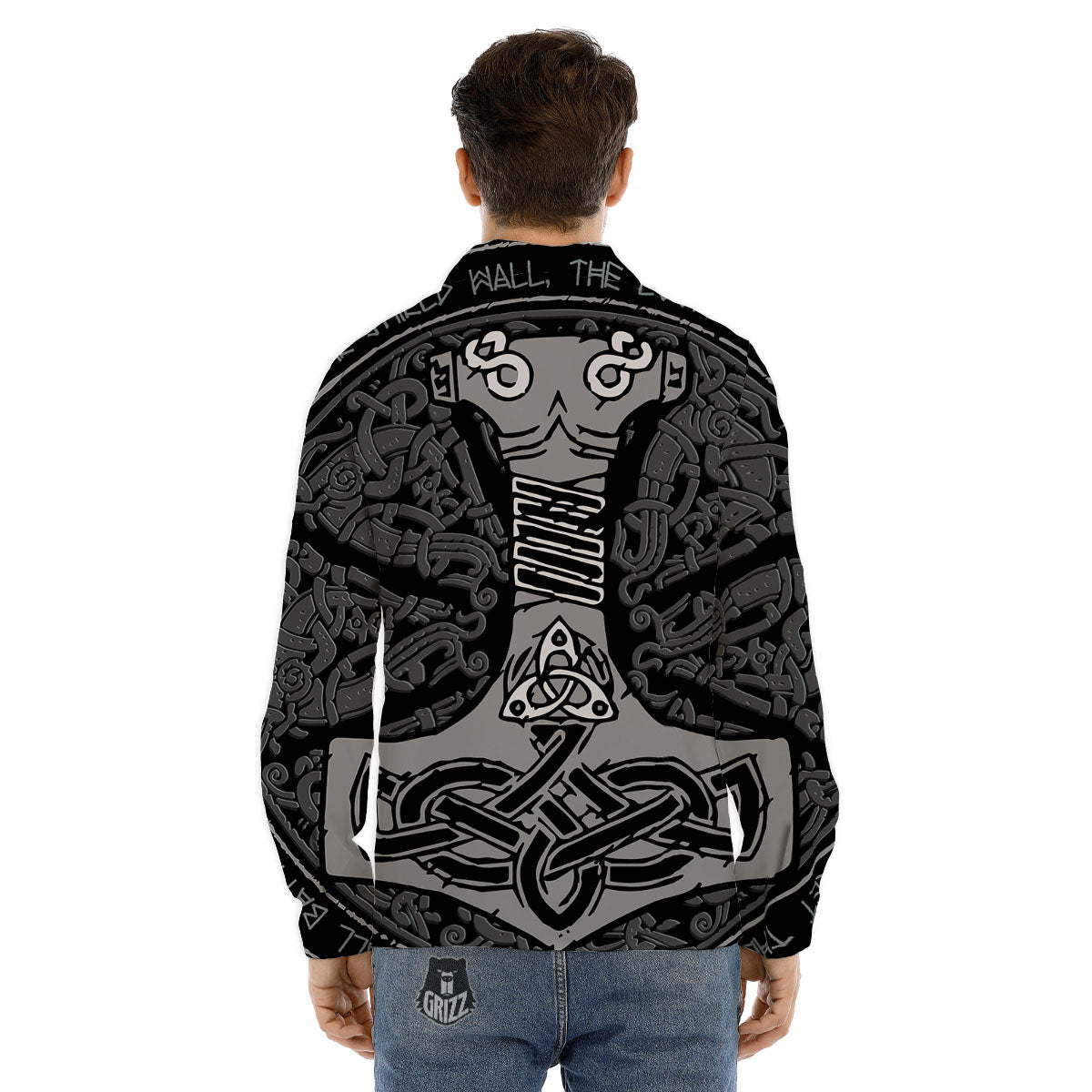 Runes Scandinavian And Mjolnir Print Men's Dress Shirts-grizzshop