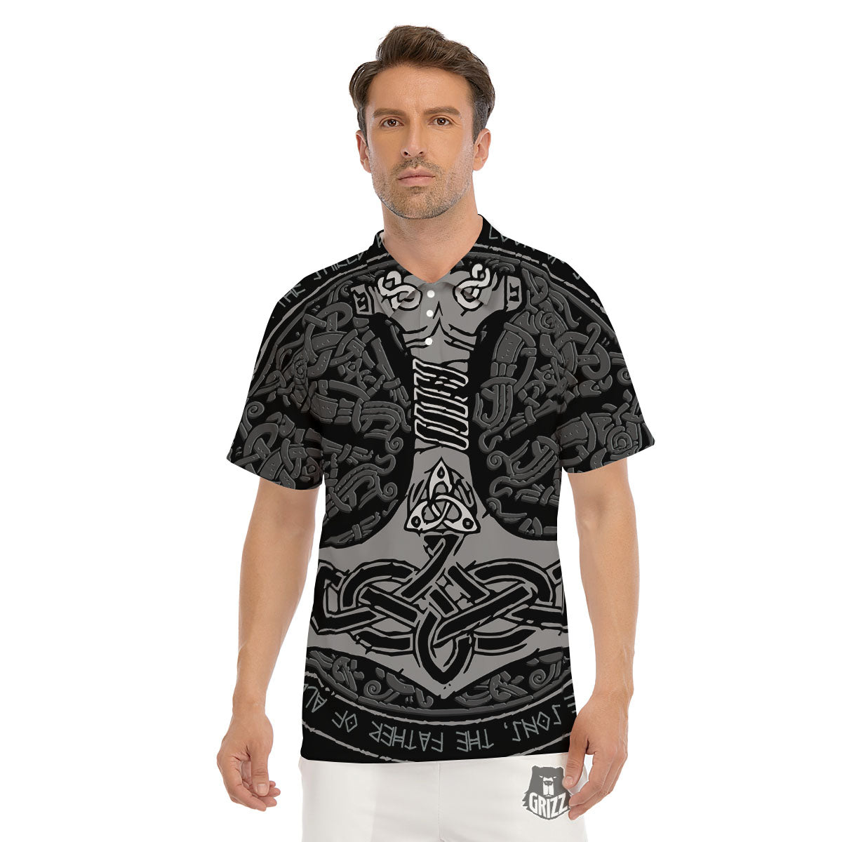 Runes Scandinavian And Mjolnir Print Men's Golf Shirts-grizzshop