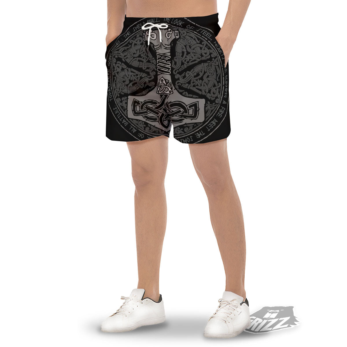 Runes Scandinavian And Mjolnir Print Men's Gym Shorts-grizzshop