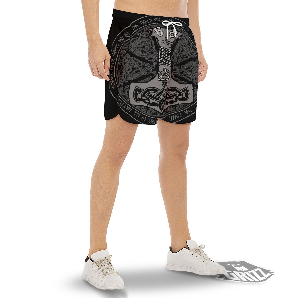 Runes Scandinavian And Mjolnir Print Men's Gym Shorts-grizzshop
